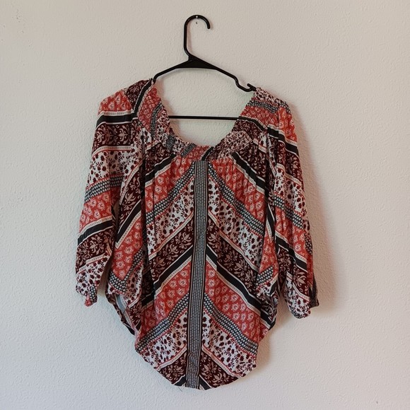 Knox Rose Womens Top XL Maroon Chevron Floral Boho Smocked Off The Shoulder Crop - Picture 2 of 7